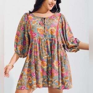 Women’s 0XL  14/16 Floral Print Multicolor Puffy Sleeve Mini Flowy  Romper NWT